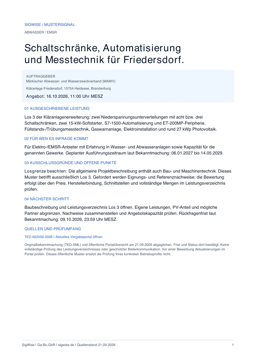 Der echte einseitige SigWise-Projektbrief für EMSR-Technik in Friedersdorf mit Leistung, Eignung, offenen Fragen und Quellen